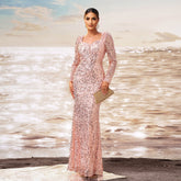 High End Long Sleeve Square Neck Cocktail Sequined Sheath Fishtail Evening Dress Bridesmaid Dress